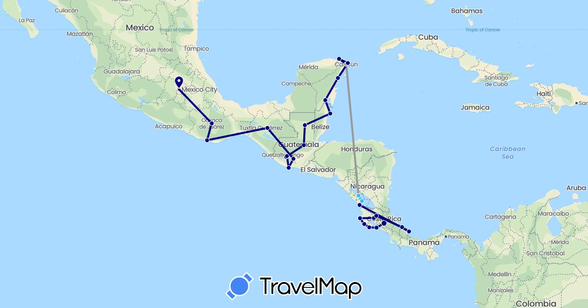 TravelMap itinerary: driving, plane, boat in Belize, Costa Rica, Guatemala, Mexico, Nicaragua, Panama (North America)